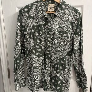 Western Green Paisley Pearl Snap Button Down Shirt